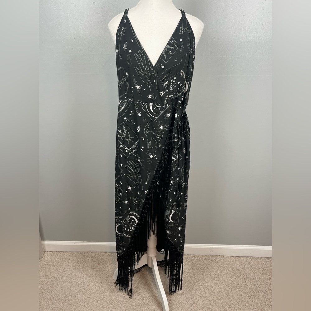 Cosmic Drifters black fringe trimmed tarot astrology print wrap dress, size 20.